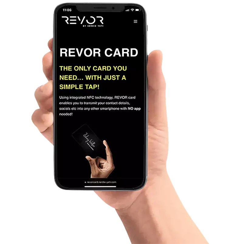 hand with handphone shoeing revor card website